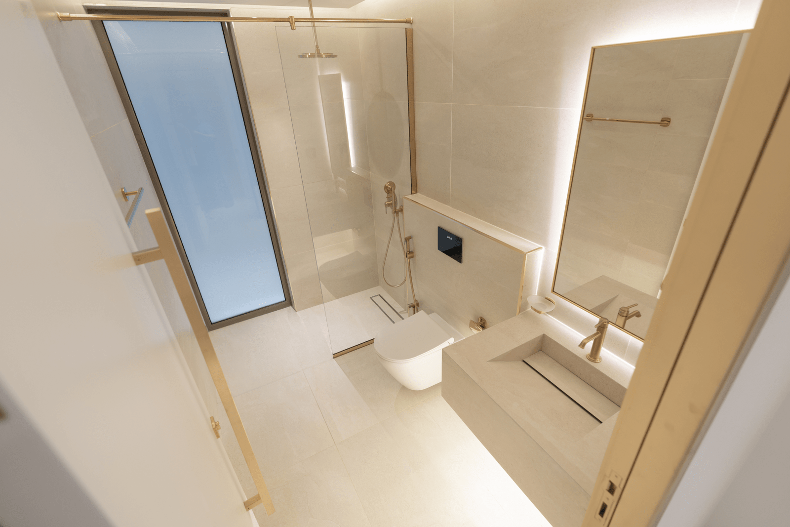 Luxurious bathroom with modern fixtures and a spacious shower area.